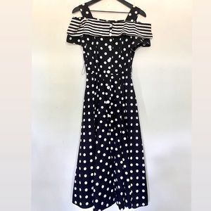 Vintage Black and White Polka Dot Off The Shoulder Dress